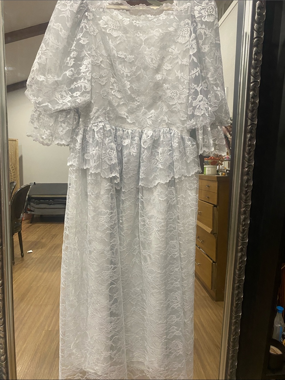 Vintage Cachet light blue Lace Formal Dress with Puff Sleeves